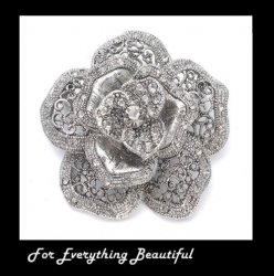 Antique Silver Crystal Rose Floral Silver Plated Brooch