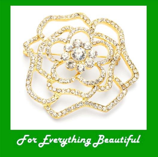 Image 0 of Golden Crystal Open Rose Floral Gold Plated Brooch