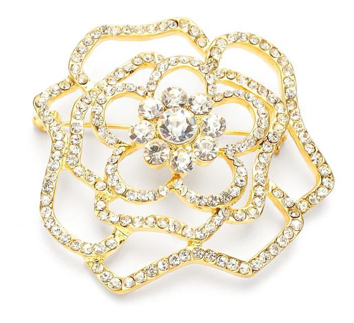 Image 1 of Golden Crystal Open Rose Floral Gold Plated Brooch