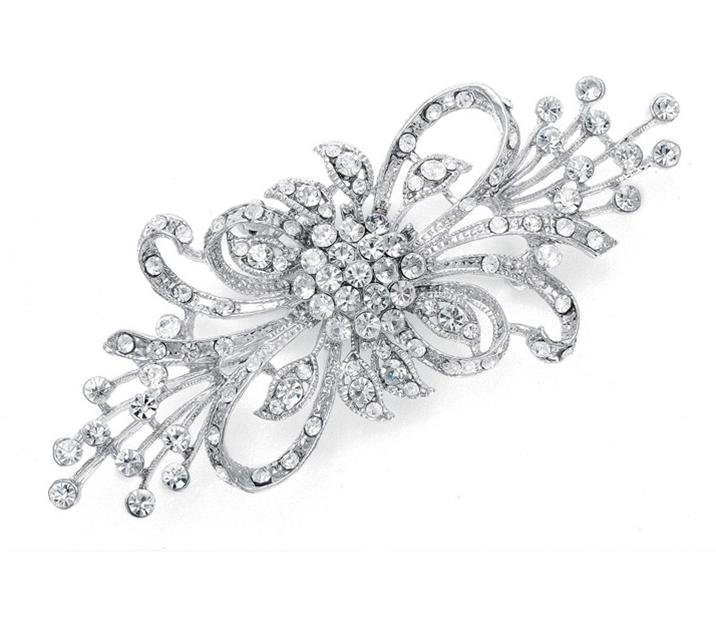 Image 1 of Antique Silver Crystal Sprays Looped Ribbon Silver Plated Brooch 