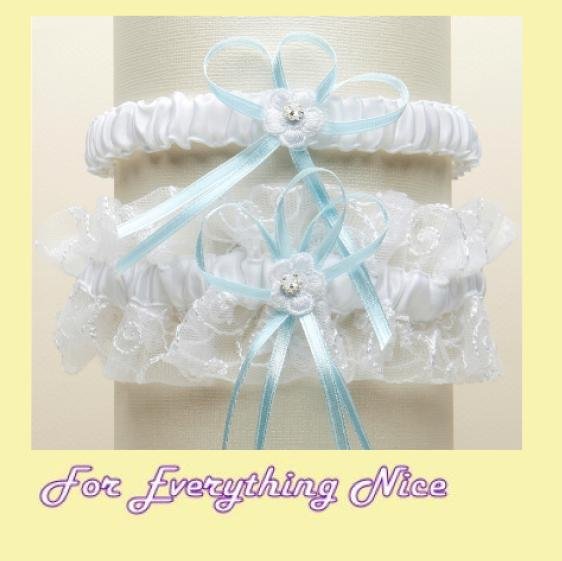 Image 0 of White Blue Embroidered Tulle Vines Floral Wedding Bridal Garter Set