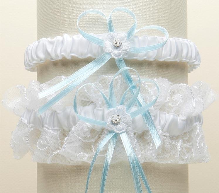 Image 1 of White Blue Embroidered Tulle Vines Floral Wedding Bridal Garter Set
