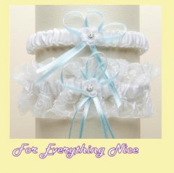 White Blue Embroidered Tulle Vines Floral Wedding Bridal Garter Set