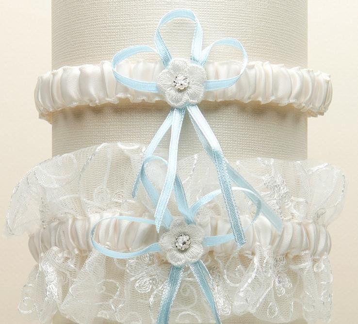 Image 1 of Ivory Blue Embroidered Tulle Vines Floral Wedding Bridal Garter Set