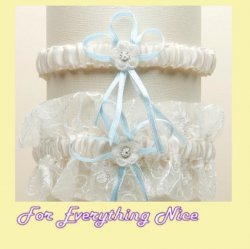 Ivory Blue Embroidered Tulle Vines Floral Wedding Bridal Garter Set
