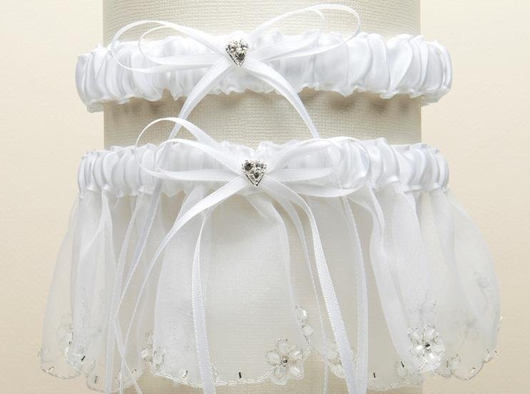 Image 1 of White Dainty Floral Chain Organza Wedding Bridal Garter Set