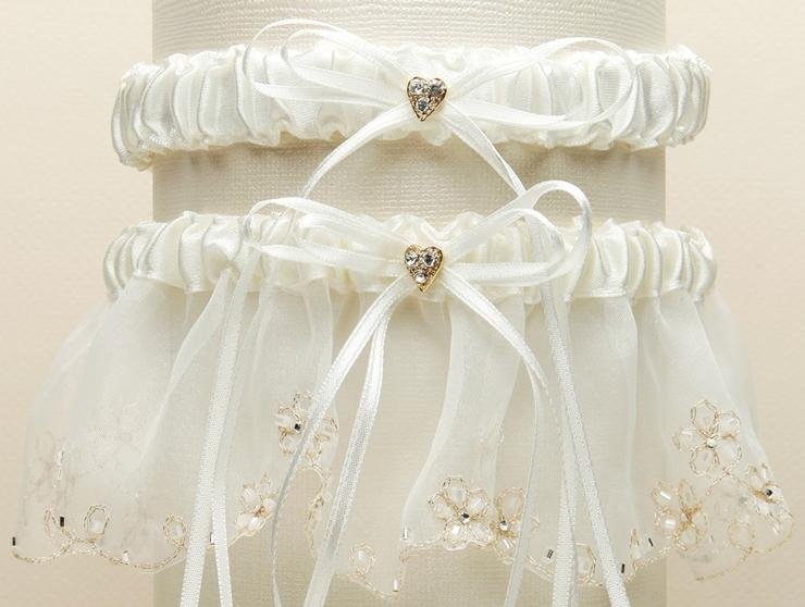 Image 1 of Ivory Dainty Floral Chain Organza Wedding Bridal Garter Set