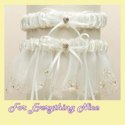 Ivory Dainty Floral Chain Organza Wedding Bridal Garter Set