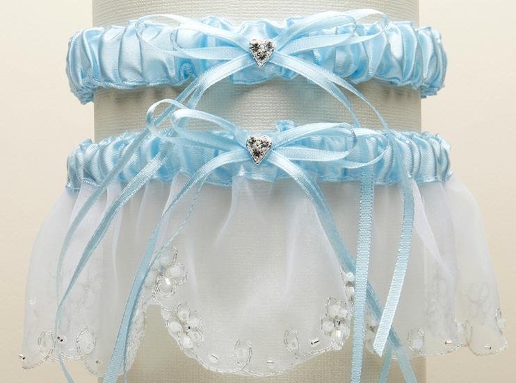 Image 1 of White Blue Dainty Floral Chain Organza Wedding Bridal Garter Set