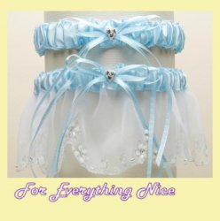 White Blue Dainty Floral Chain Organza Wedding Bridal Garter Set