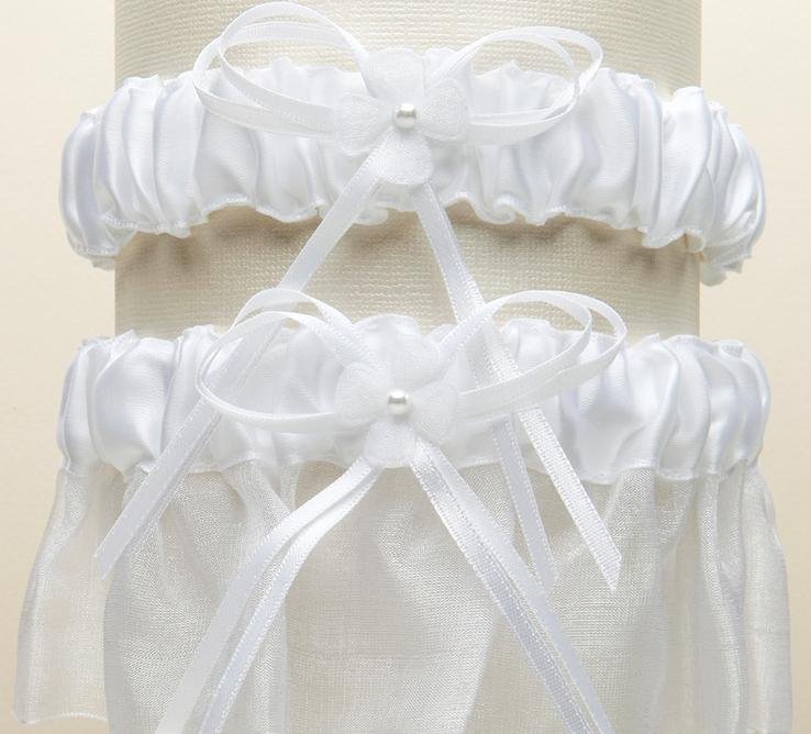 Image 1 of White Organza Floral Satin Ribbon Wedding Bridal Garter Set