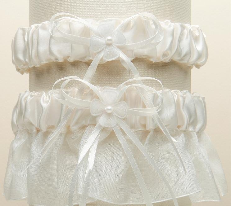 Image 1 of Ivory Organza Floral Satin Ribbon Wedding Bridal Garter Set