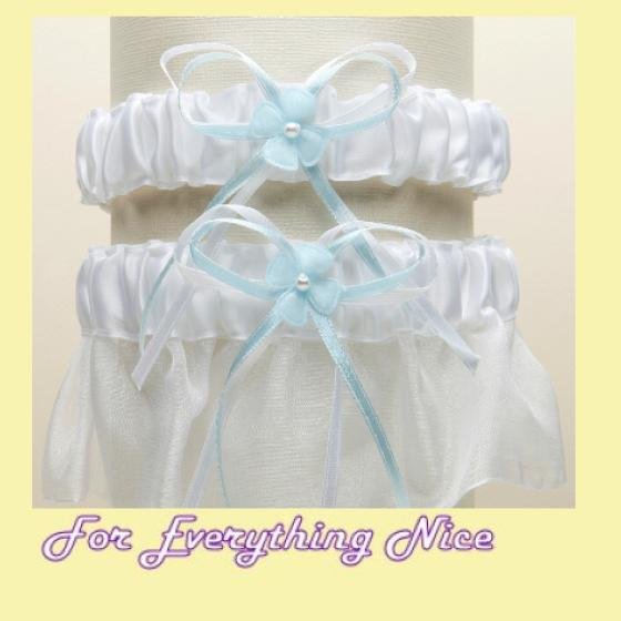 Image 0 of White Blue Organza Floral Satin Ribbon Wedding Bridal Garter Set