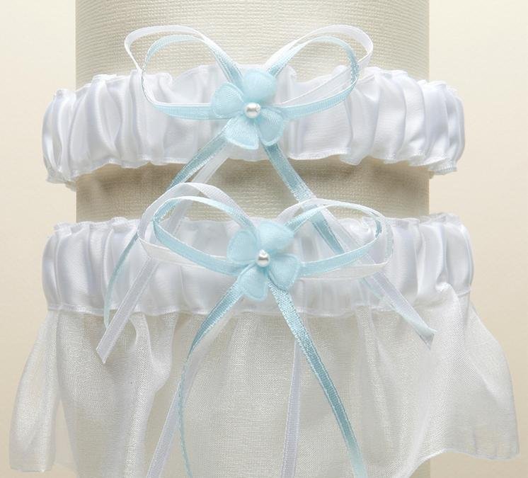 Image 1 of White Blue Organza Floral Satin Ribbon Wedding Bridal Garter Set