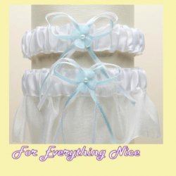 White Blue Organza Floral Satin Ribbon Wedding Bridal Garter Set