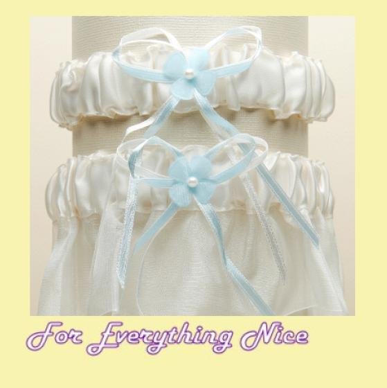 Image 0 of Ivory Blue Organza Floral Satin Ribbon Wedding Bridal Garter Set
