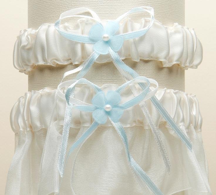 Image 1 of Ivory Blue Organza Floral Satin Ribbon Wedding Bridal Garter Set