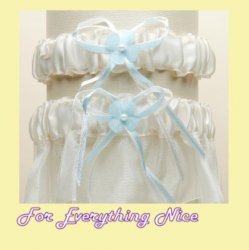 Ivory Blue Organza Floral Satin Ribbon Wedding Bridal Garter Set