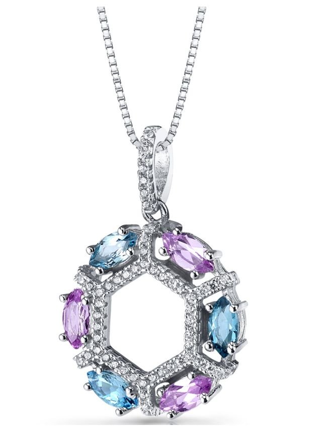 Image 1 of Pink Sapphire Marquise Cut Cubic Zirconia Border Sterling Silver Pendant