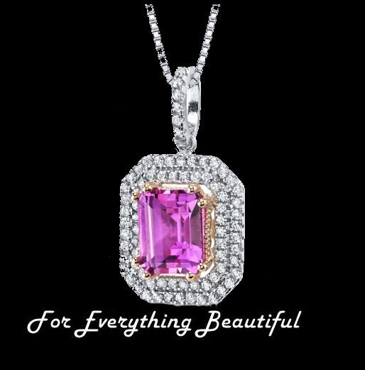 Image 0 of Pink Sapphire Emerald Cut Cubic Zirconia Double Framed Sterling Silver Pendant