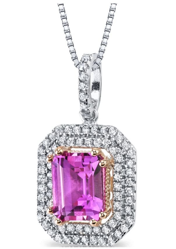 Image 1 of Pink Sapphire Emerald Cut Cubic Zirconia Double Framed Sterling Silver Pendant