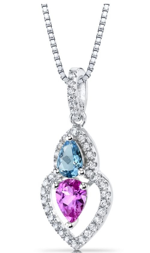 Image 1 of Pink Sapphire Blue Topaz Pear Cut Cubic Zirconia Sterling Silver Pendant