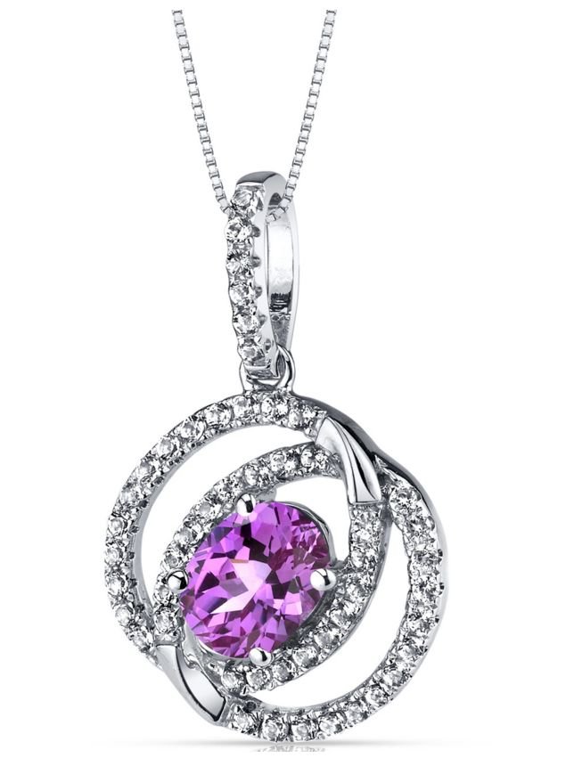 Image 1 of Pink Sapphire Oval Dual Halo White Topaz Accent 14K White Gold Pendant