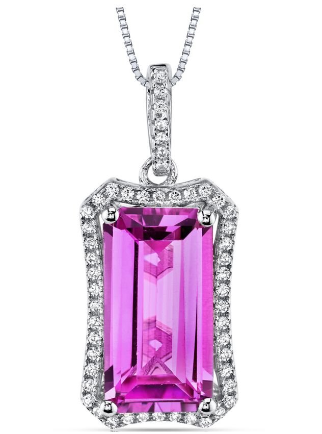 Image 1 of Pink Sapphire Octagon Cut Cubic Zirconia Border Sterling Silver Pendant