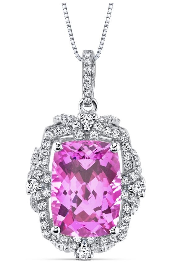 Image 1 of Pink Sapphire Cushion Cut Cubic Zirconia Framed Gallery Sterling Silver Pendant