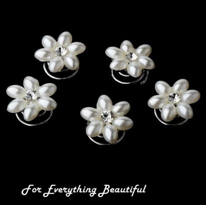 Image 0 of White Pearl Six Petal Crystal Accent Bridal Wedding Hair Twists Decorations