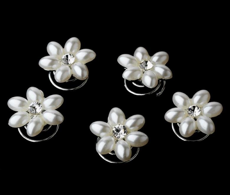 Image 1 of White Pearl Six Petal Crystal Accent Bridal Wedding Hair Twists Decorations