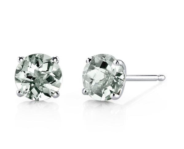 Image 1 of Green Amethyst Round Cut Stud 14K White Gold Earrings