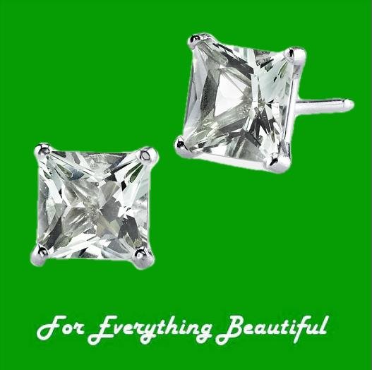 Image 0 of Green Amethyst Princess Cut Stud 14K White Gold Earrings