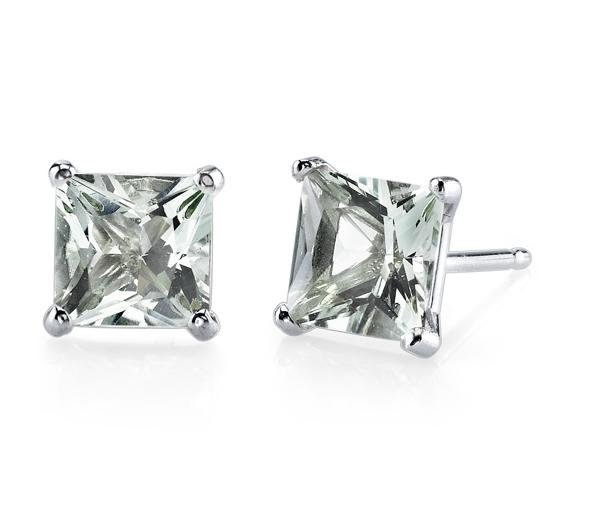 Image 1 of Green Amethyst Princess Cut Stud 14K White Gold Earrings