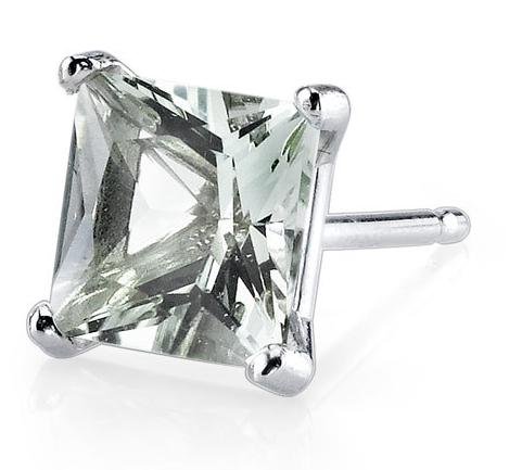 Image 3 of Green Amethyst Princess Cut Stud 14K White Gold Earrings