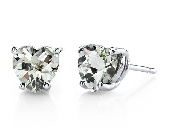 Image 1 of Green Amethyst Heart Cut Stud 14K White Gold Earrings