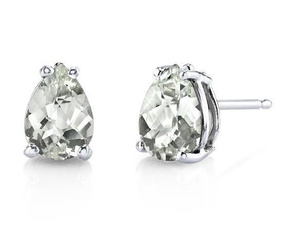 Image 1 of Green Amethyst Pear Cut Stud 14K White Gold Earrings