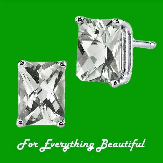 Image 0 of Green Amethyst Radiant Cut Stud 14K White Gold Earrings