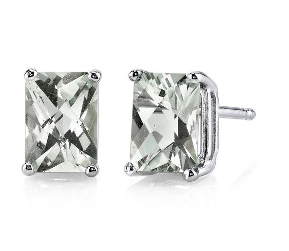 Image 1 of Green Amethyst Radiant Cut Stud 14K White Gold Earrings