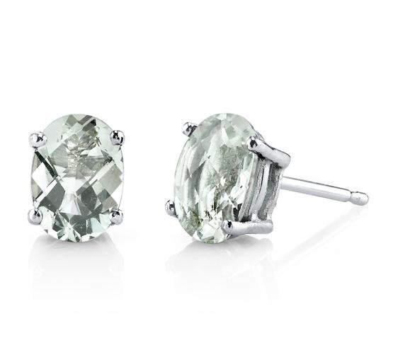 Image 1 of Green Amethyst Oval Cut Stud 14K White Gold Earrings