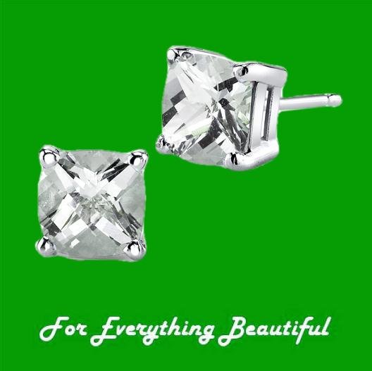 Image 0 of Green Amethyst Cushion Cut Stud 14K White Gold Earrings