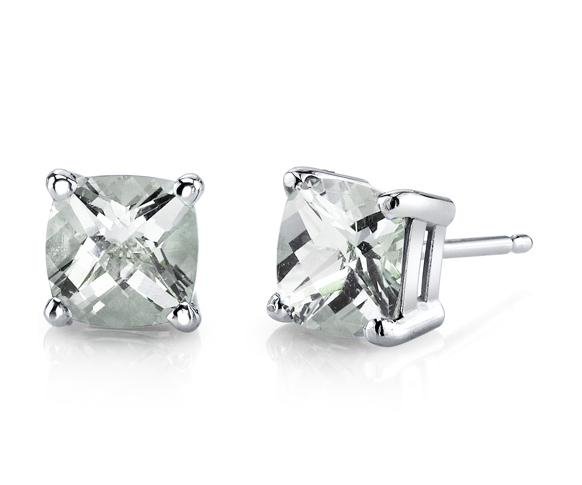 Image 1 of Green Amethyst Cushion Cut Stud 14K White Gold Earrings