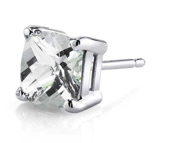 Image 3 of Green Amethyst Cushion Cut Stud 14K White Gold Earrings