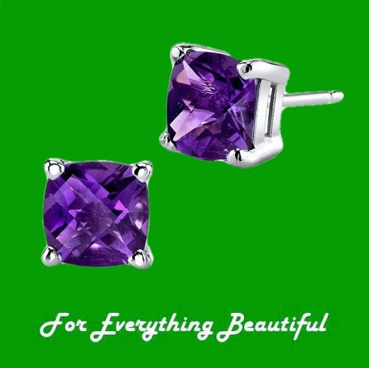 Image 0 of Purple Amethyst Cushion Cut Stud 14K White Gold Earrings