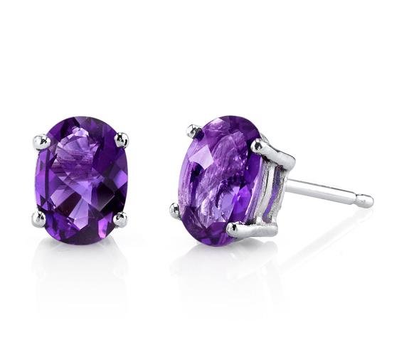 Image 1 of Purple Amethyst Oval Cut Stud 14K White Gold Earrings
