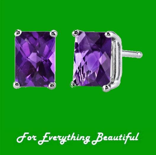Image 0 of Purple Amethyst Radiant Cut Stud 14K White Gold Earrings