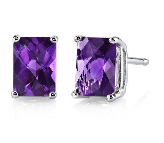 Image 1 of Purple Amethyst Radiant Cut Stud 14K White Gold Earrings