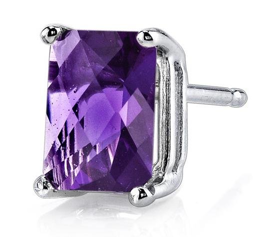 Image 3 of Purple Amethyst Radiant Cut Stud 14K White Gold Earrings