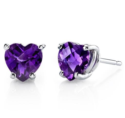Image 1 of Purple Amethyst Heart Cut Stud 14K White Gold Earrings