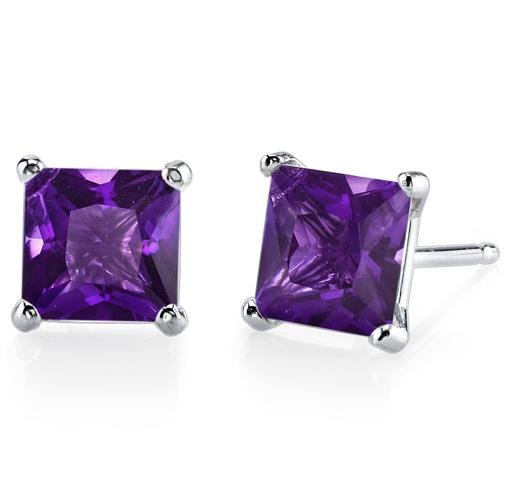 Image 1 of Purple Amethyst Princess Cut Stud 14K White Gold Earrings